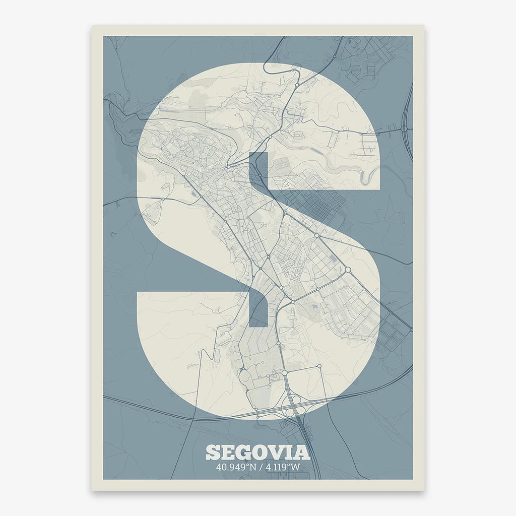 Decorative print of Segovia composed with letters in a heavy geometric font printed on bluish gray and an off-white background
