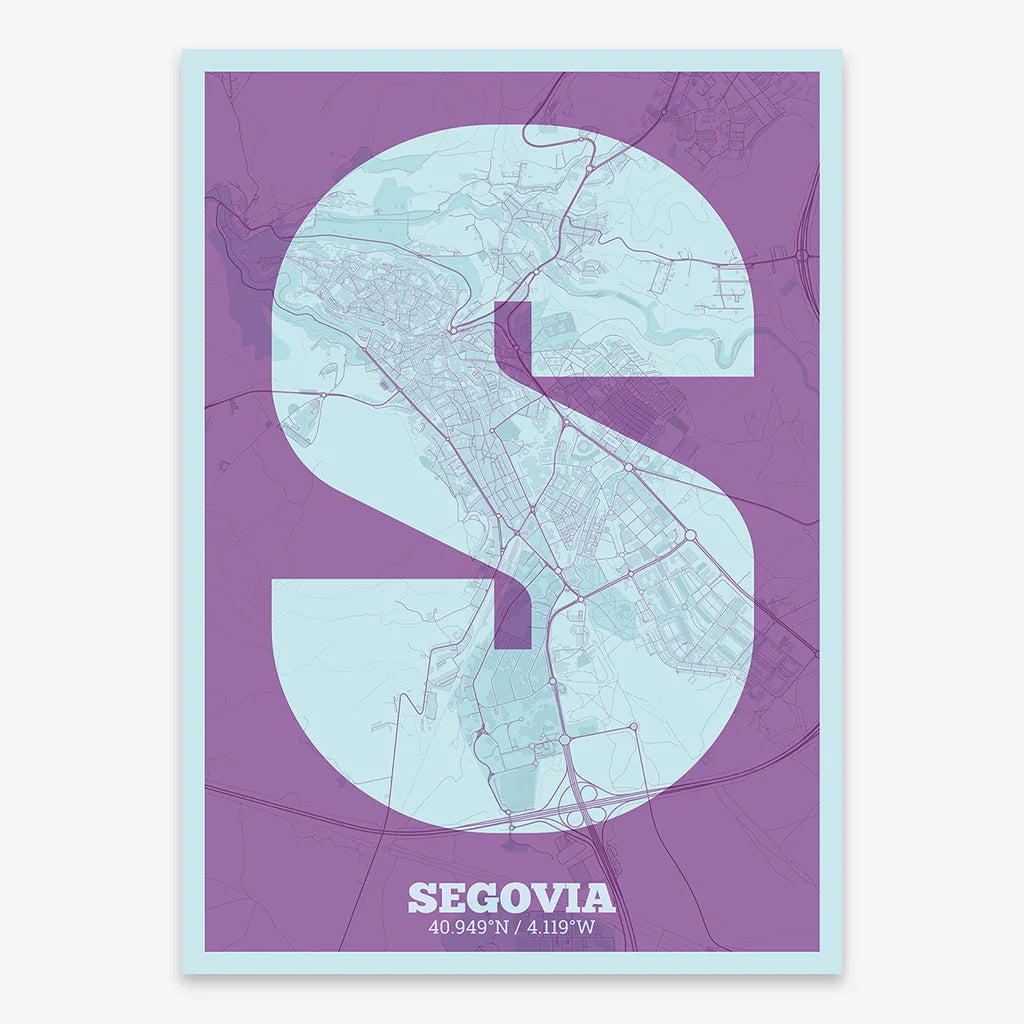 Decorative print of Segovia composed with letters in a heavy geometric font printed on purple and light blue