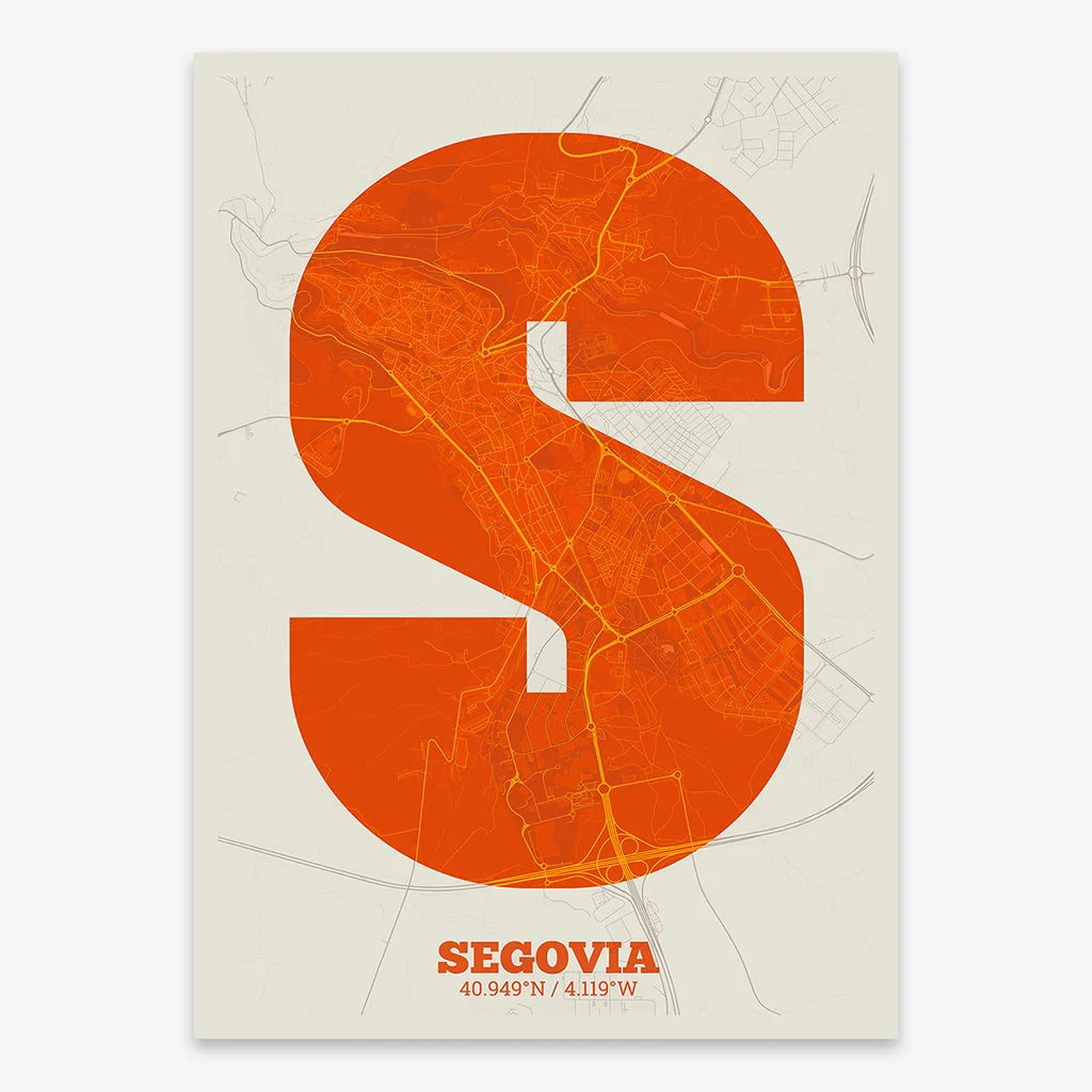 Decorative print of Segovia composed with letters in a heavy geometric font printed on orange and an off-white background