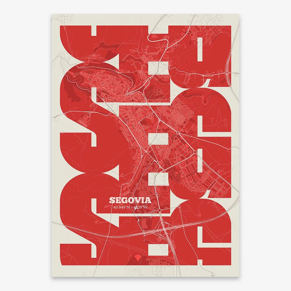 Poster of Segovia composed with letters from its abbreviation or its airport IATA code printed on red and an off-white background