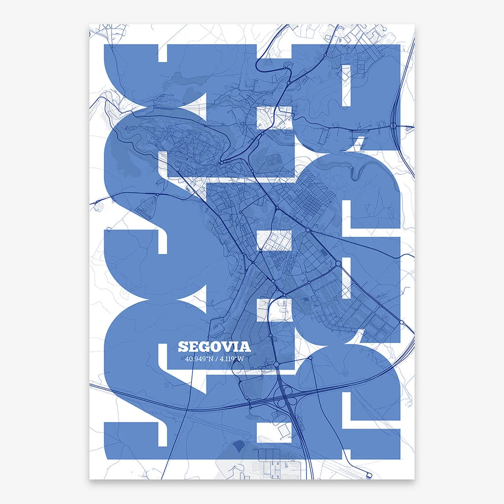 Poster of Segovia composed with letters from its abbreviation or its airport IATA code printed on navy blue and white