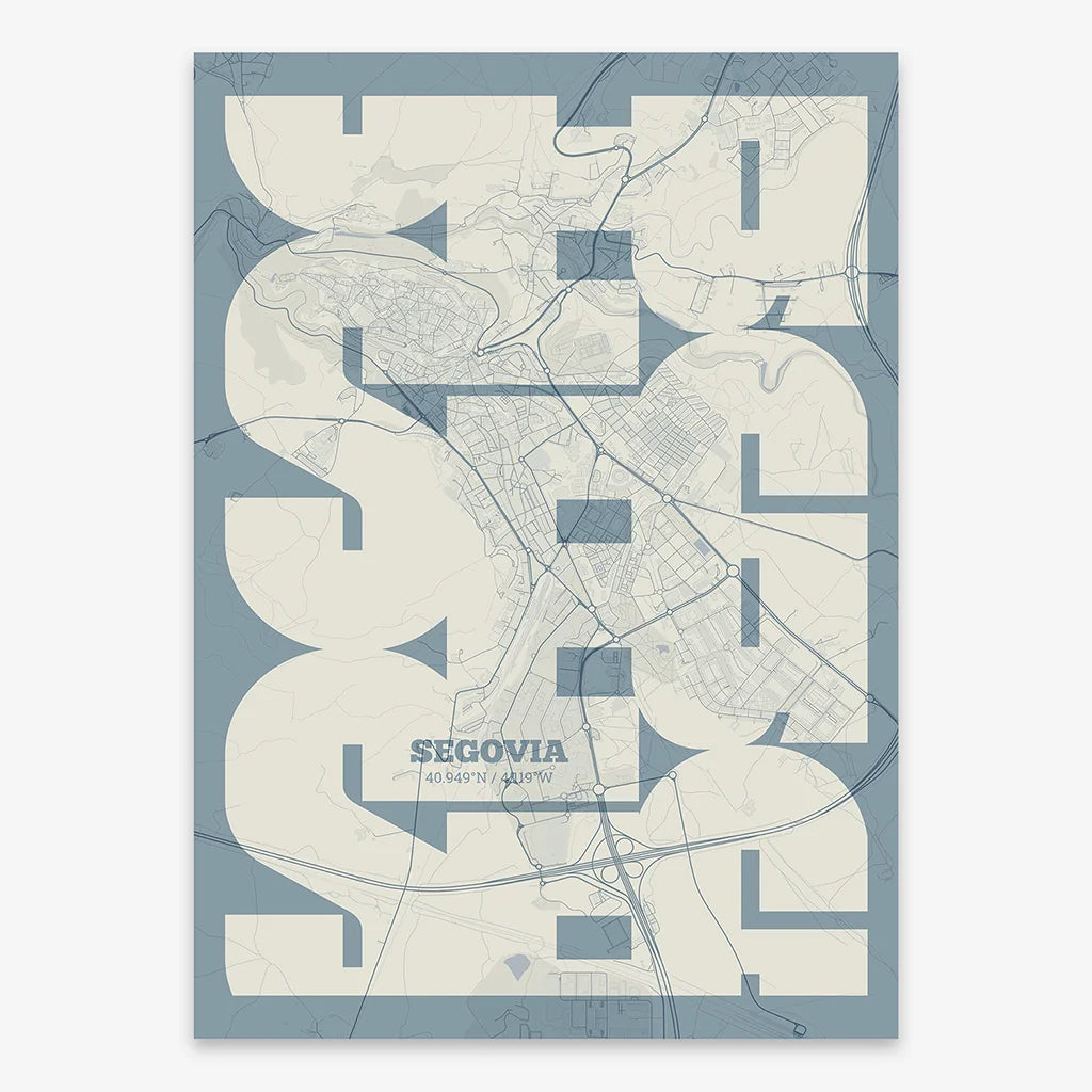Poster of Segovia composed with letters from its abbreviation or its airport IATA code printed on bluish gray and an off-white background