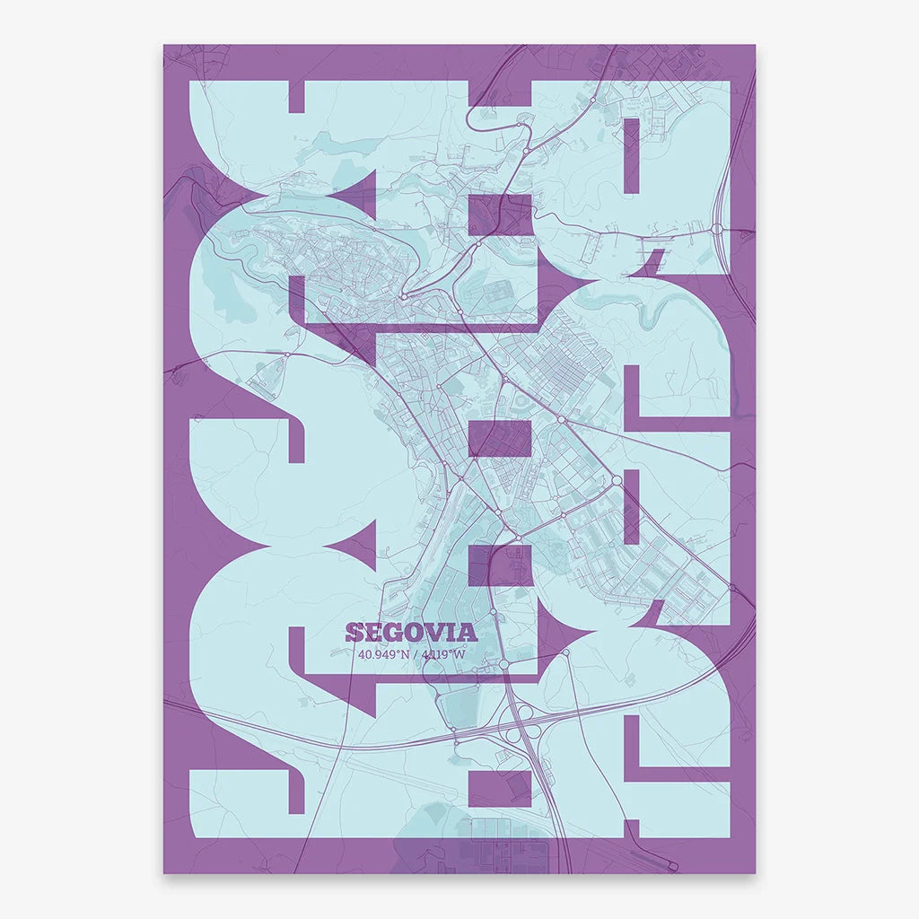 Poster of Segovia composed with letters from its abbreviation or its airport IATA code printed on purple and light blue