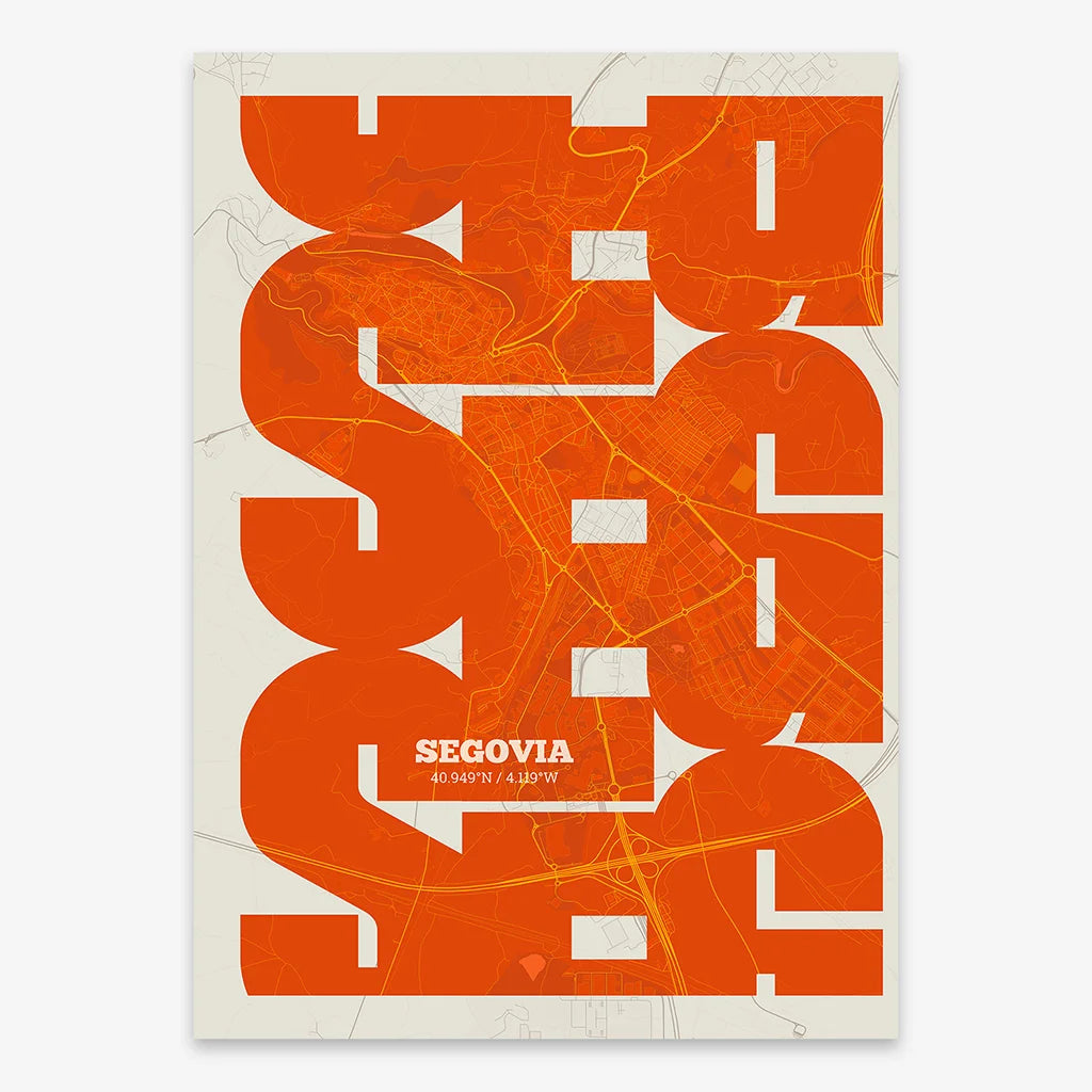Poster of Segovia composed with letters from its abbreviation or its airport IATA code printed on orange and an off-white background