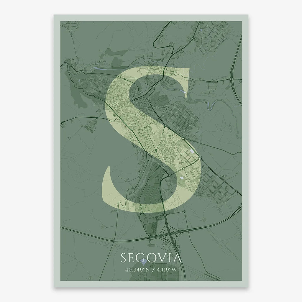 Decorative map of Segovia composed with letters in serif font printed on two green tones