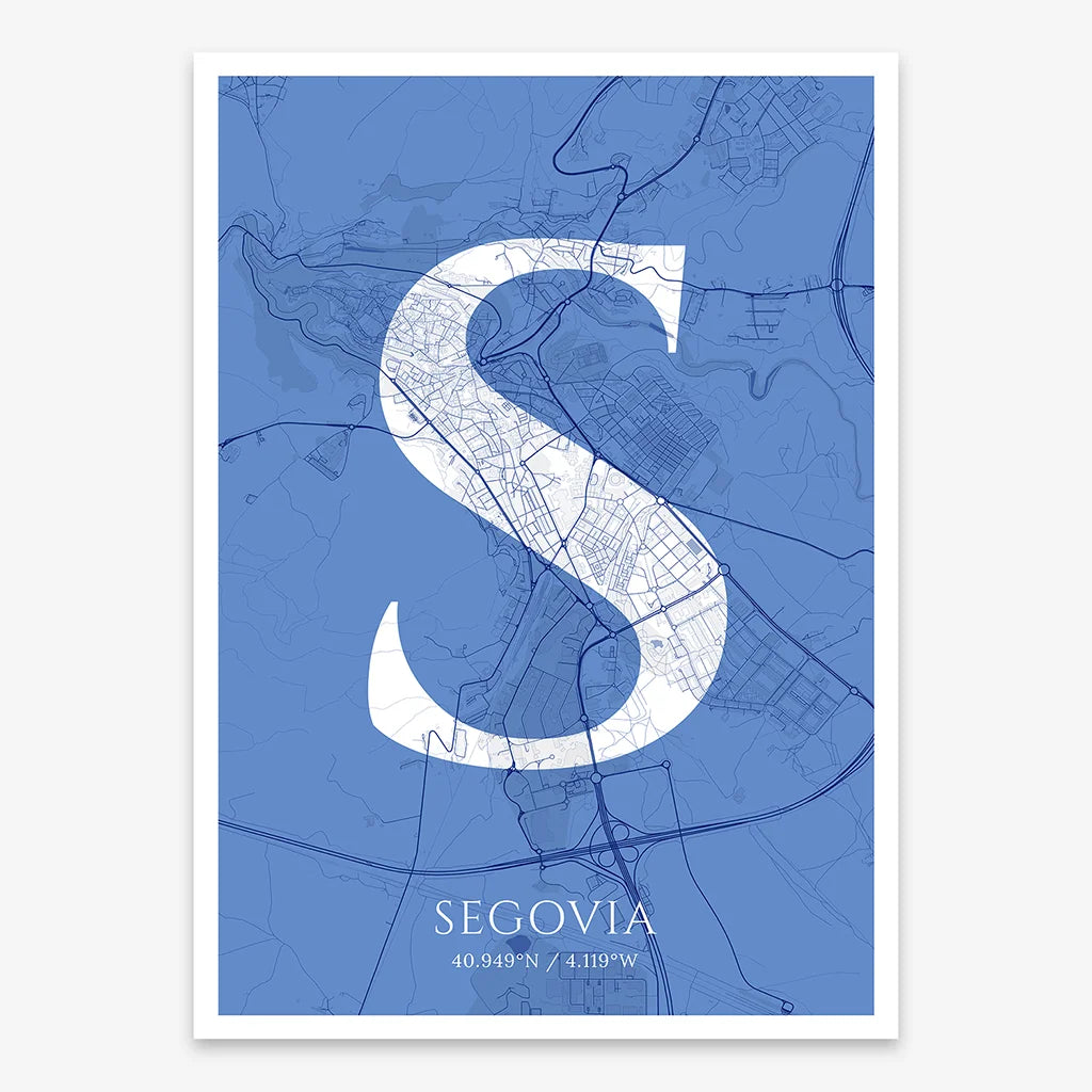 Decorative map of Segovia composed with letters in serif font printed on navy blue and white