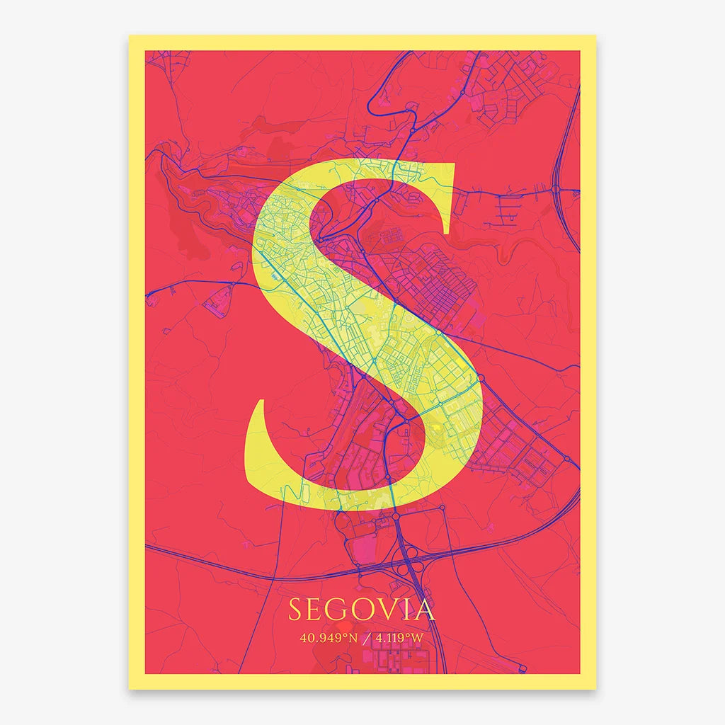 Decorative map of Segovia composed with letters in serif font printed on yellow and fuchsia