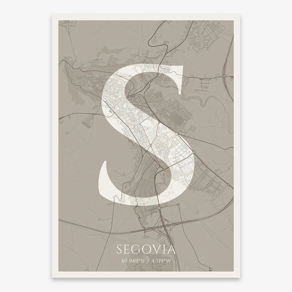 Decorative map of Segovia composed with letters in serif font printed on light brown and an off-white background
