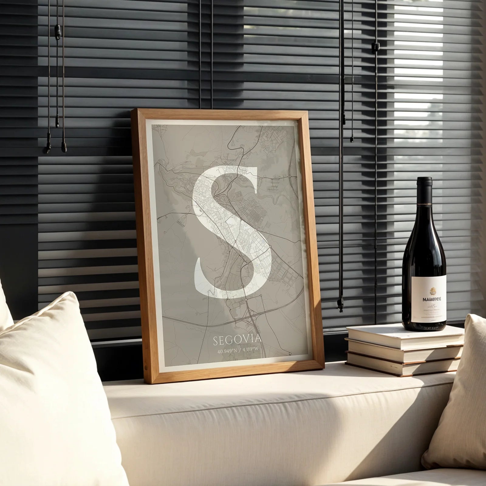 Modern interior design with a Segovia in Classic design, inspired by chiseled typography with an elegant font that creates a beautiful visual contrast designed in light brown and an off-white background, displayed on a living room wall