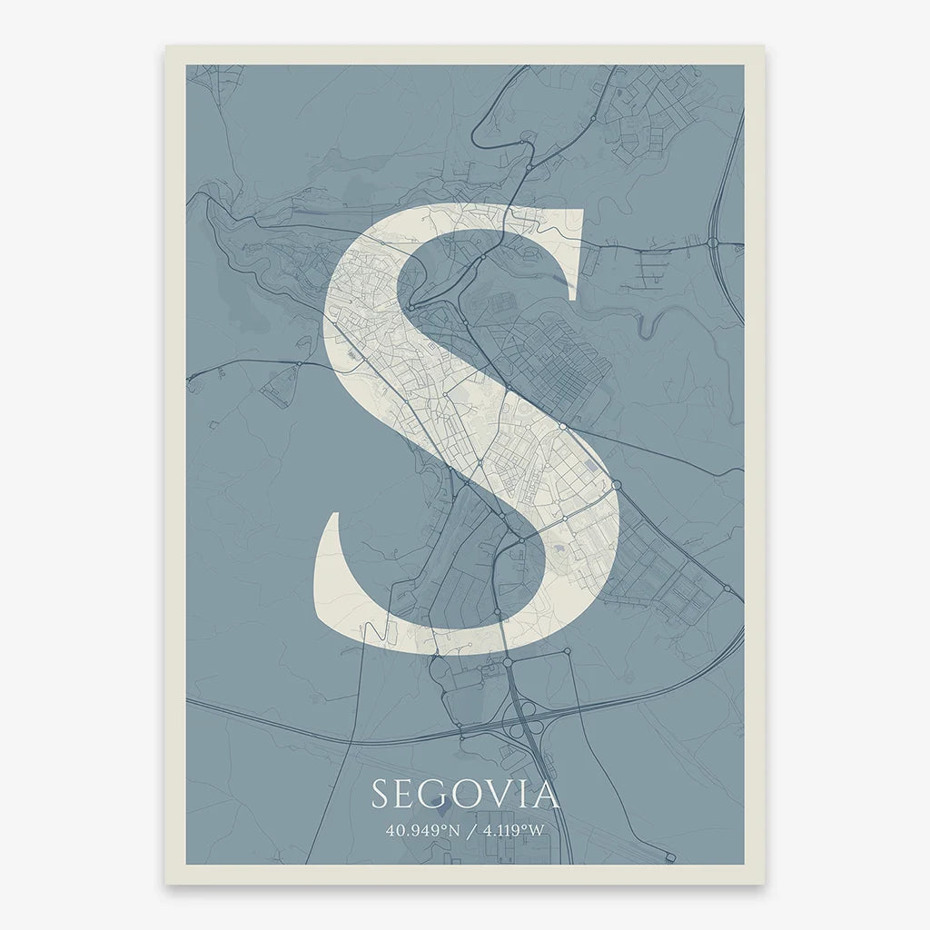Decorative map of Segovia composed with letters in serif font printed on bluish gray and an off-white background
