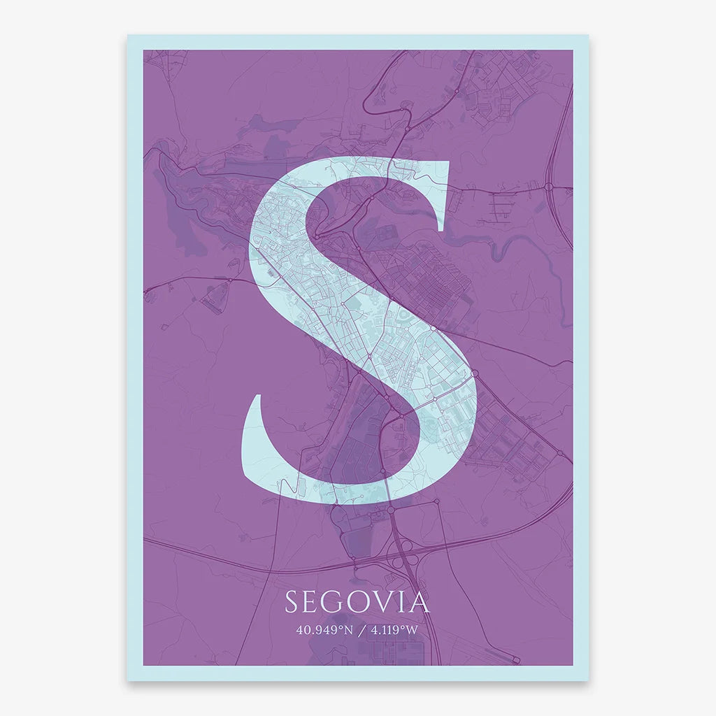 Decorative map of Segovia composed with letters in serif font printed on purple and light blue