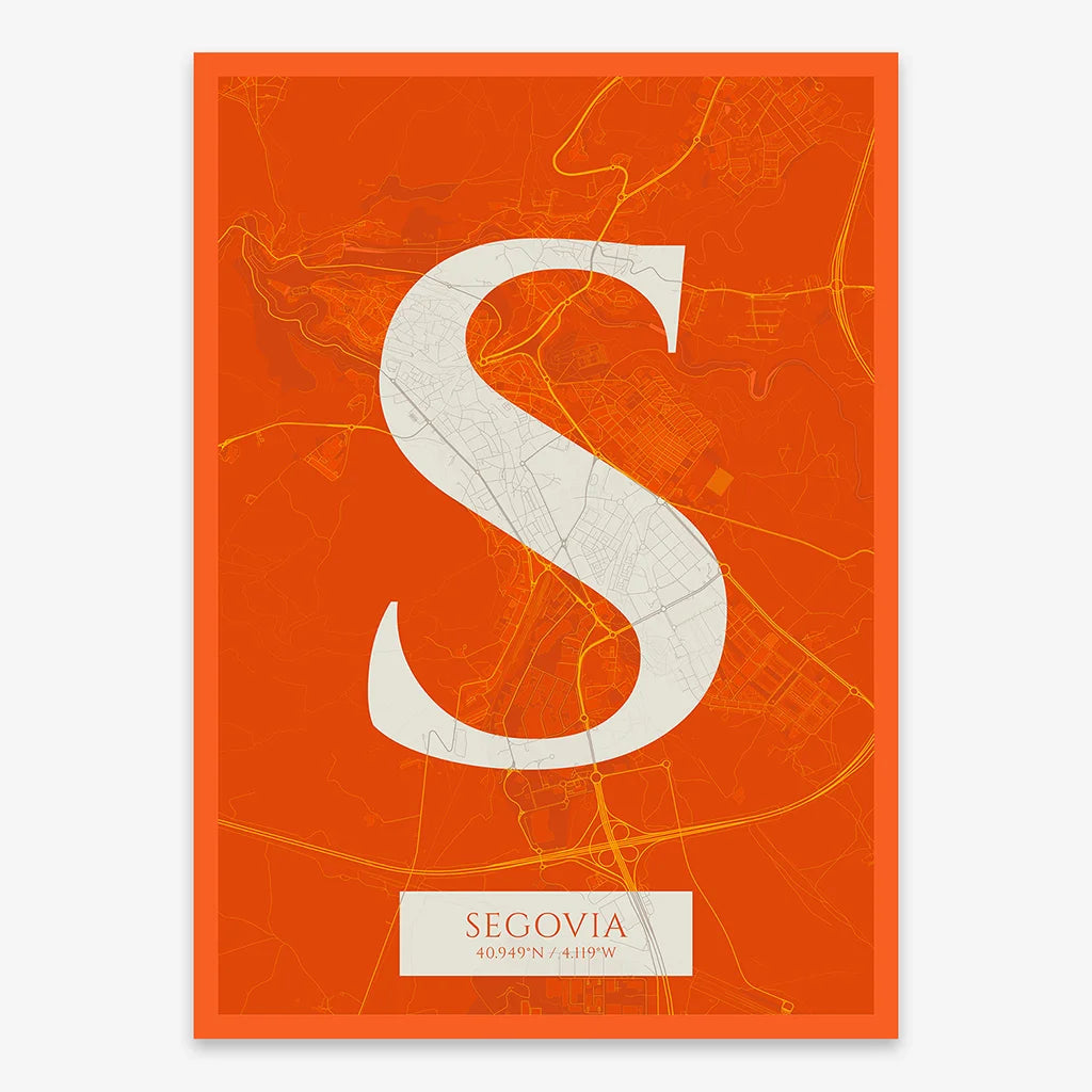 Decorative map of Segovia composed with letters in serif font printed on orange and an off-white background