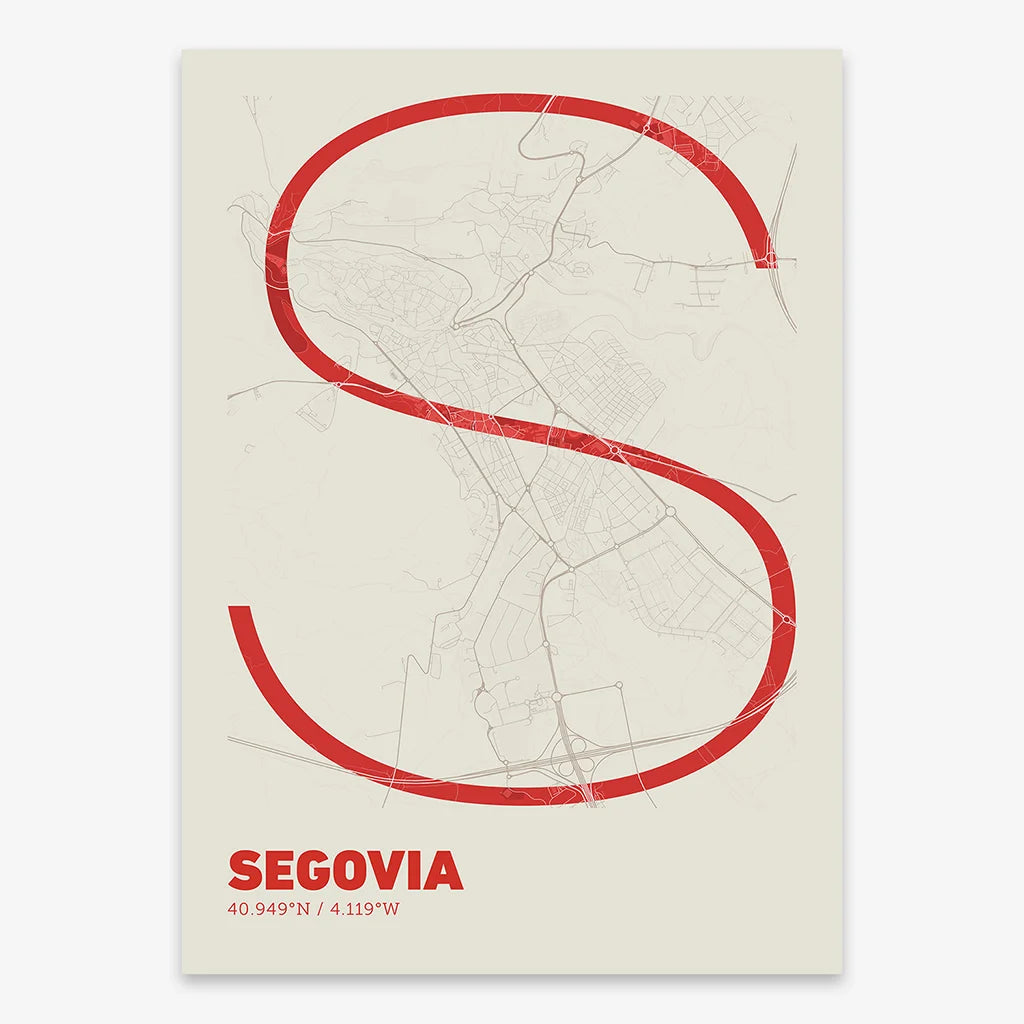 Poster of Segovia composed with letters in extra light font printed on red and an off-white background