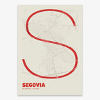 Poster of Segovia composed with letters in extra light font printed on red and an off-white background