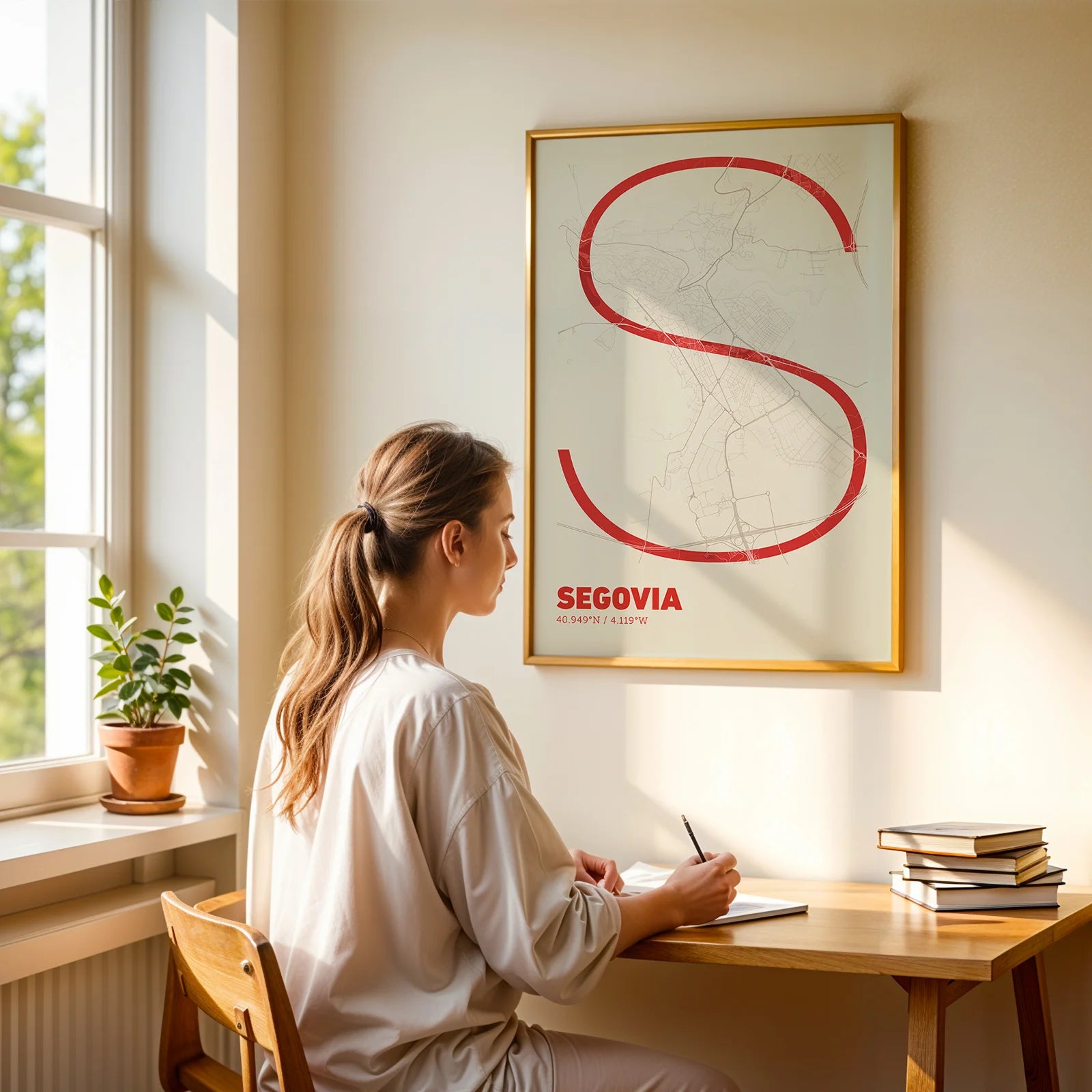 Modern interior design with a Segovia in Ultralight design, a minimalist aesthetic combining urban cartography with modern, extra-thin elegant lettering designed in red and an off-white background, displayed on a living room wall
