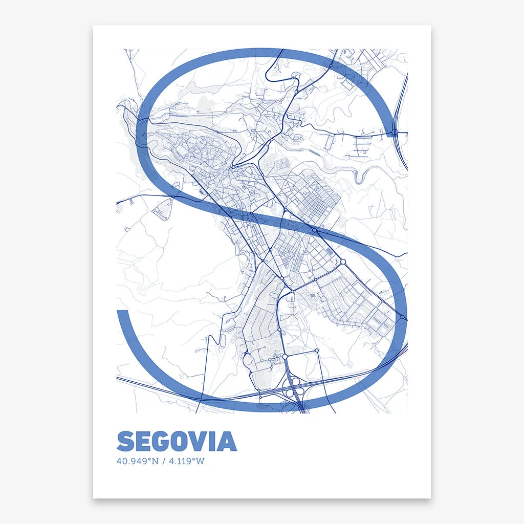Poster of Segovia composed with letters in extra light font printed on navy blue and white