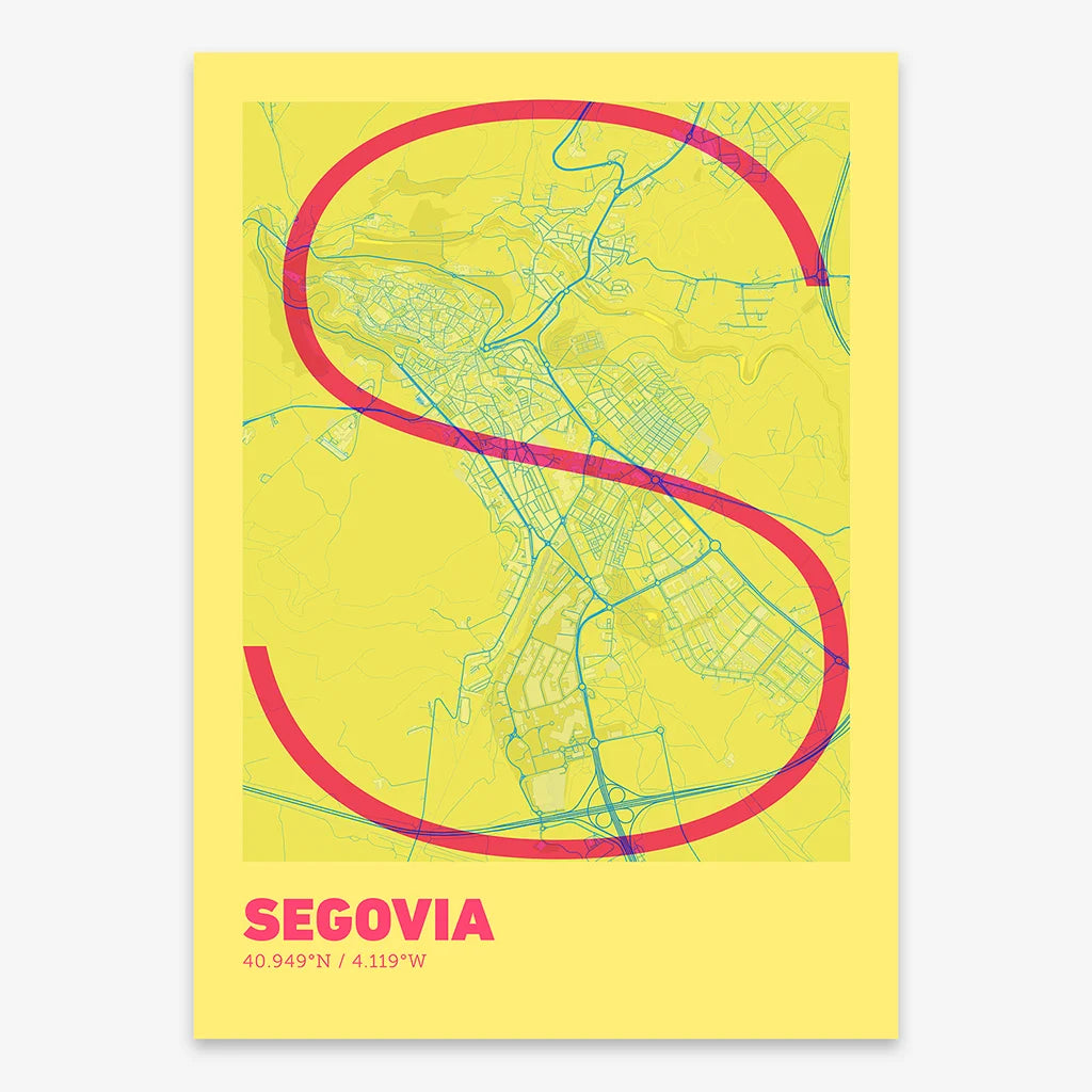 Poster of Segovia composed with letters in extra light font printed on yellow and fuchsia