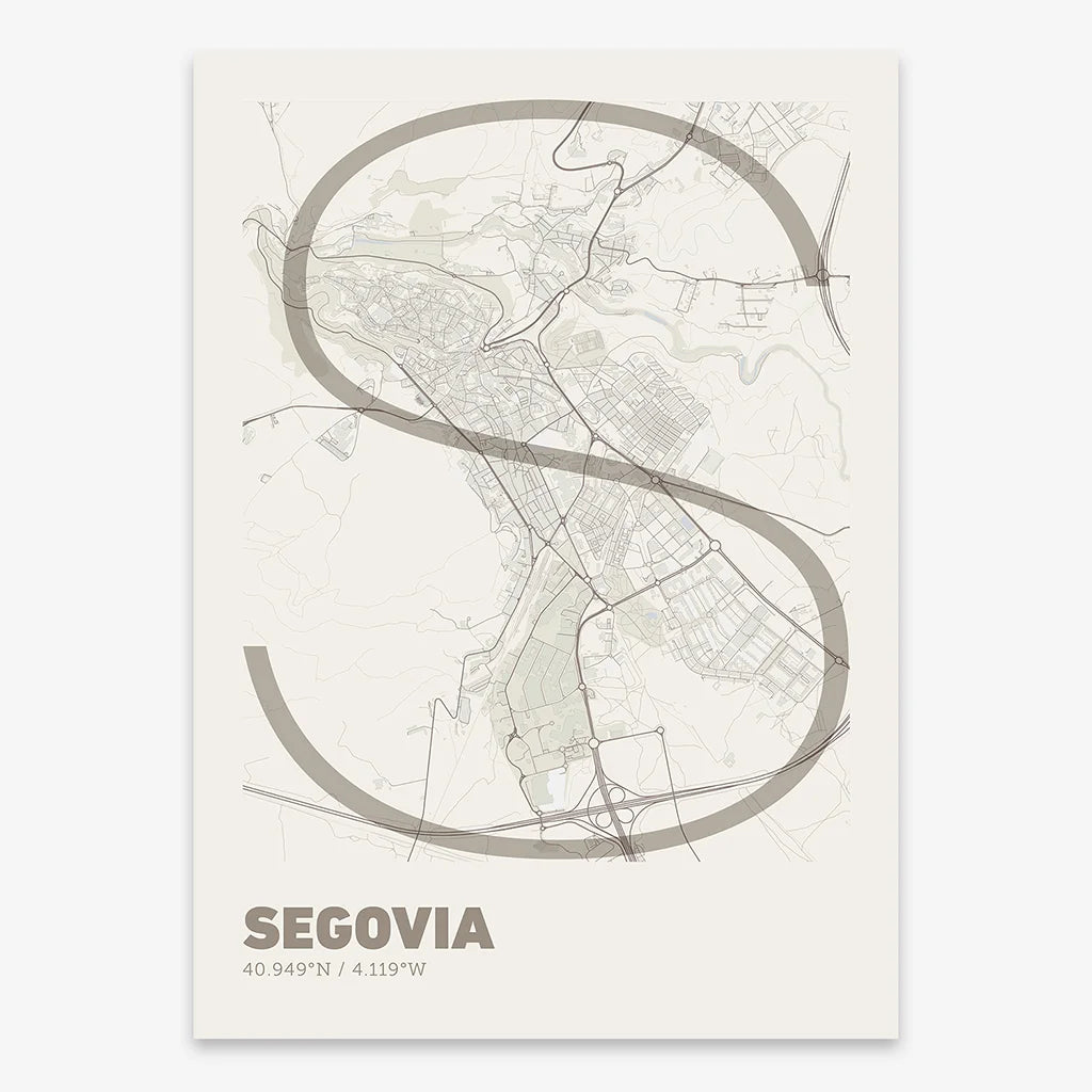 Poster of Segovia composed with letters in extra light font printed on light brown and an off-white background