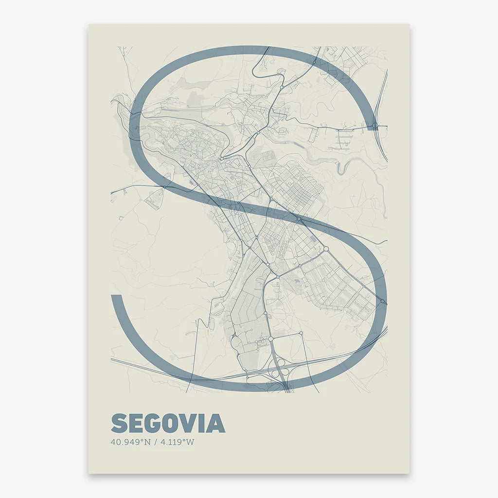 Poster of Segovia composed with letters in extra light font printed on bluish gray and an off-white background