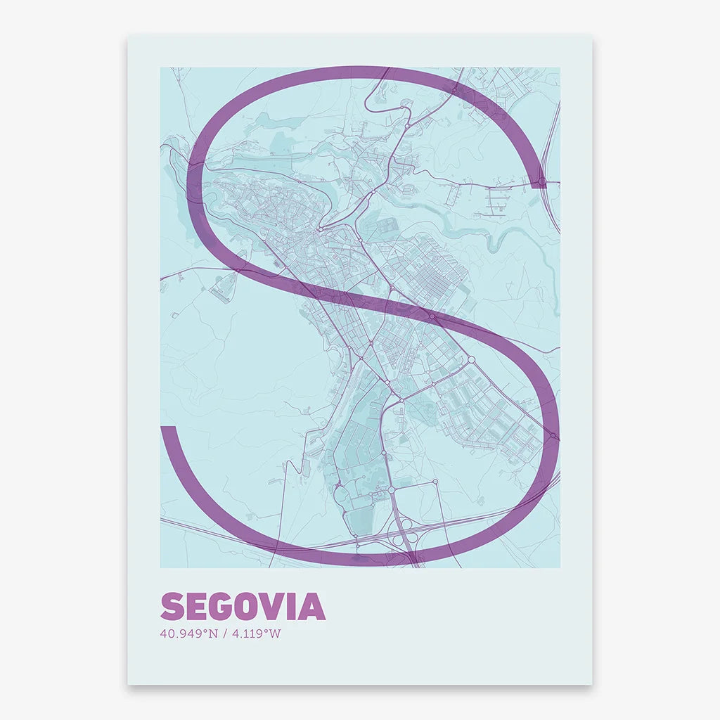 Poster of Segovia composed with letters in extra light font printed on purple and light blue