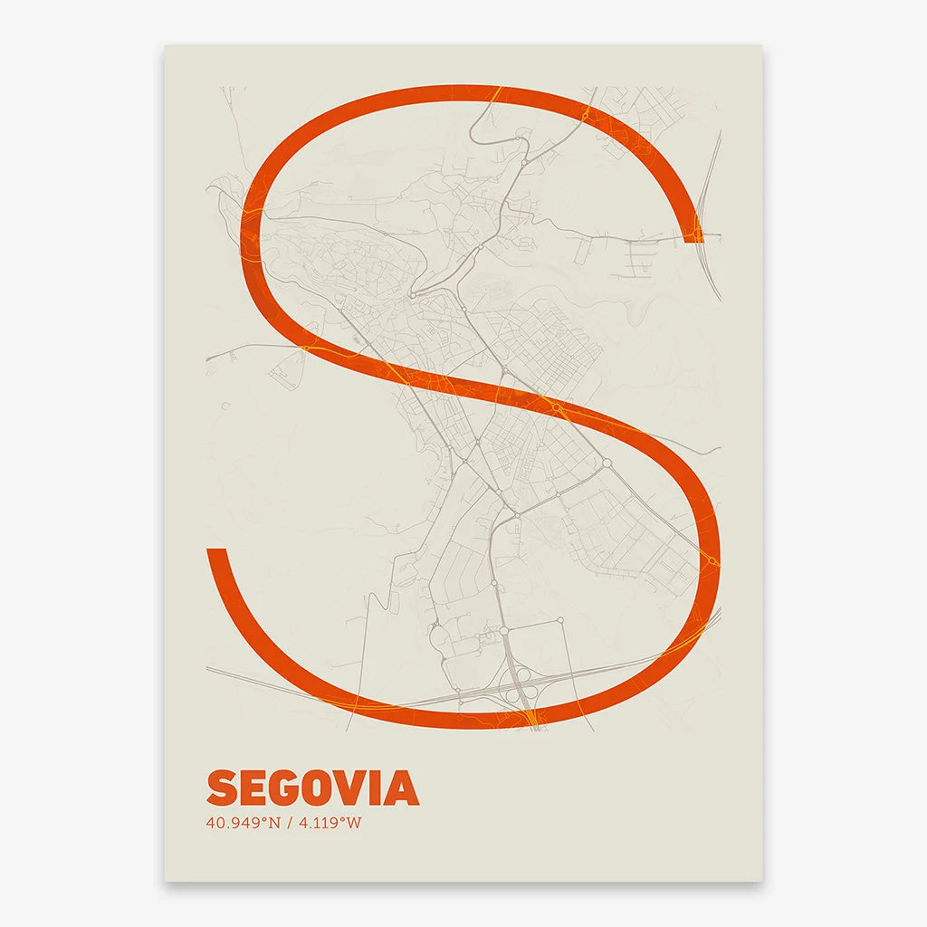 Poster of Segovia composed with letters in extra light font printed on orange and an off-white background