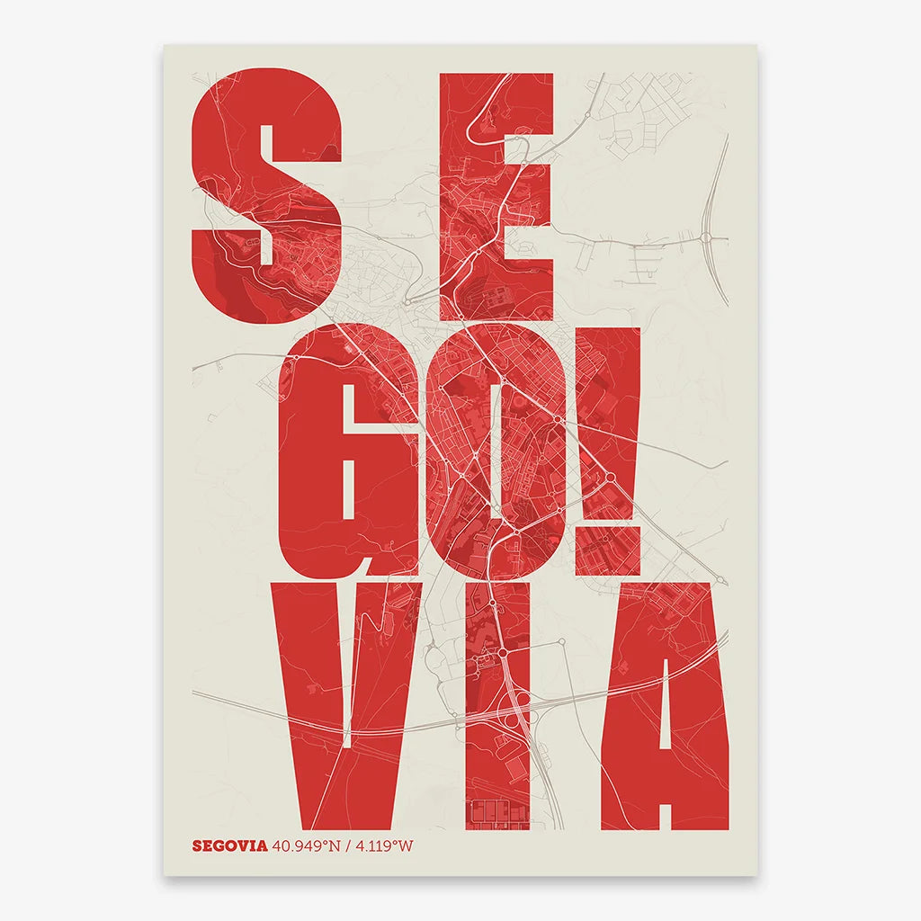 Decorative print of Segovia with letters of its name placed randomly, designed in red and an off-white background