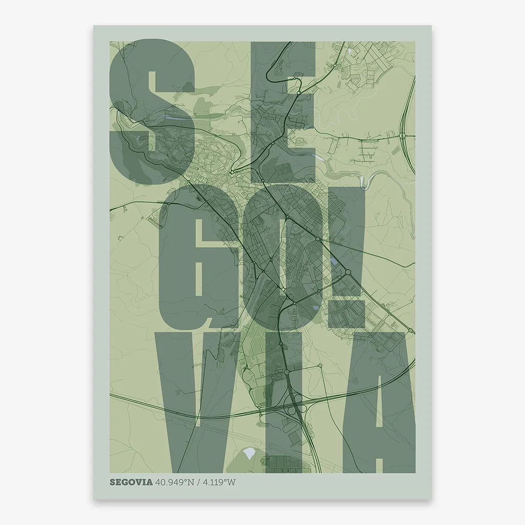 Decorative print of Segovia with letters of its name placed randomly, designed in two green tones