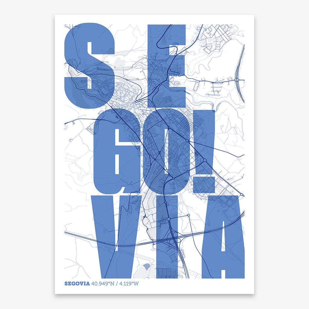Decorative print of Segovia with letters of its name placed randomly, designed in navy blue and white