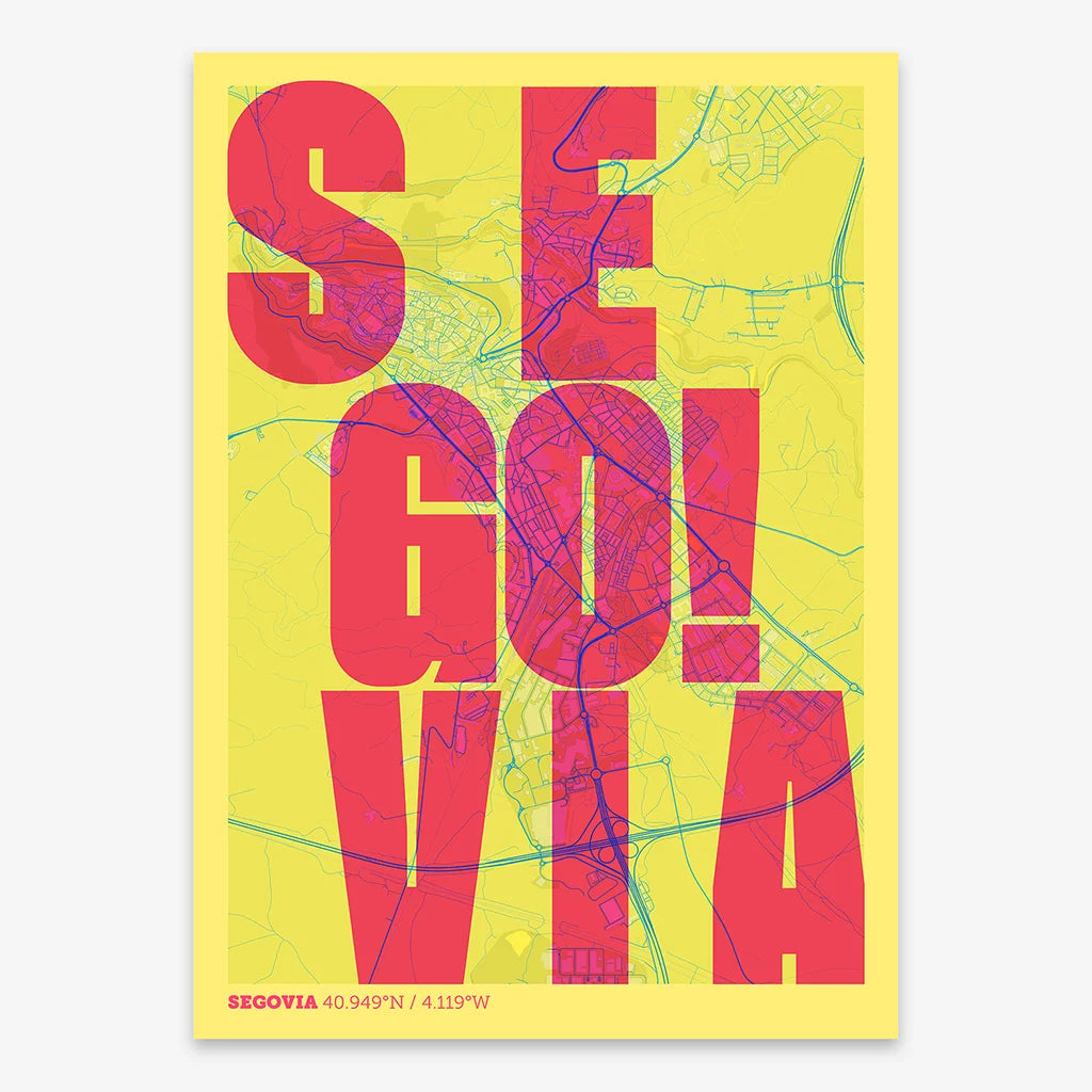 Decorative print of Segovia with letters of its name placed randomly, designed in yellow and fuchsia