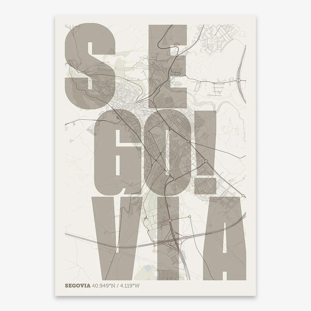 Decorative print of Segovia with letters of its name placed randomly, designed in light brown and an off-white background