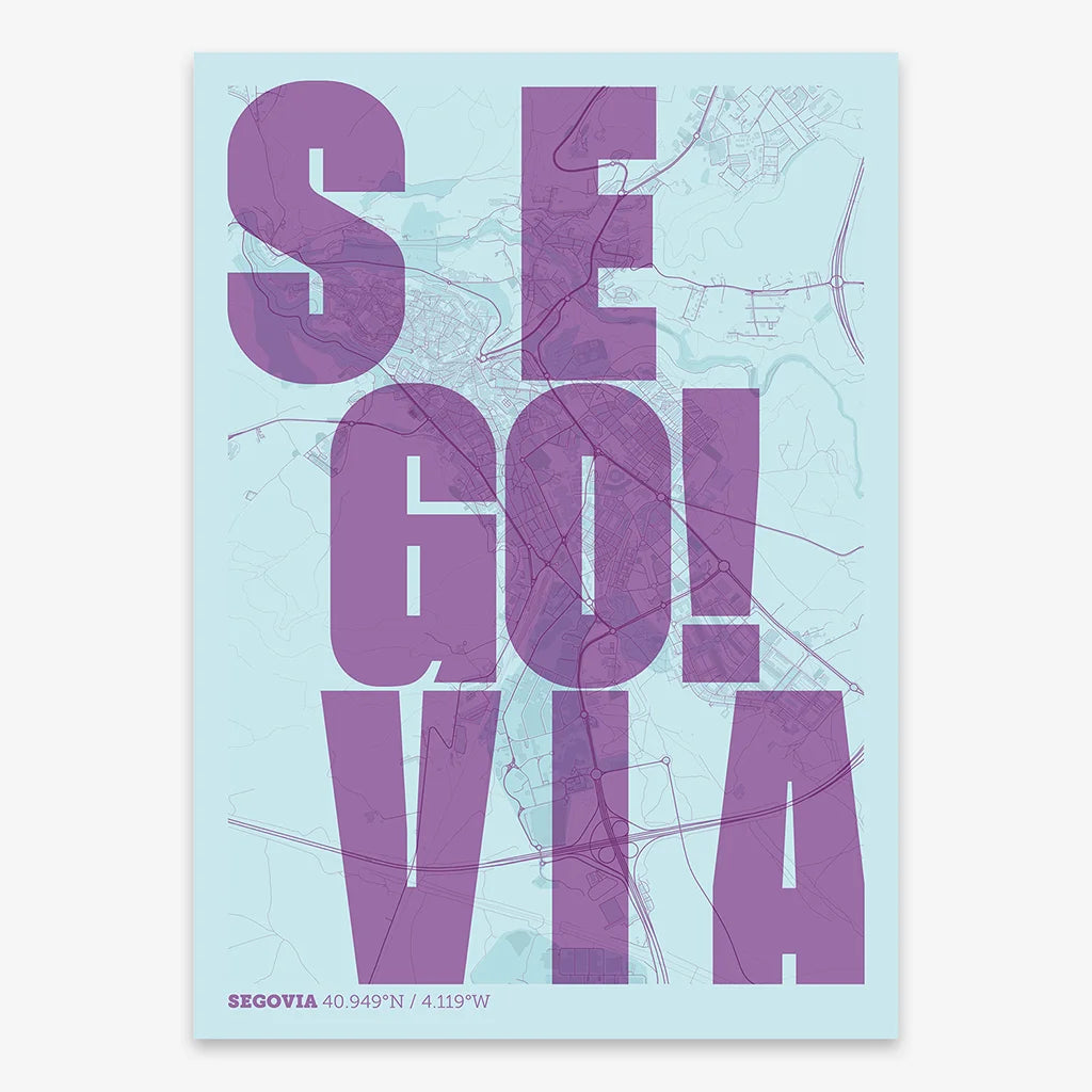 Decorative print of Segovia with letters of its name placed randomly, designed in purple and light blue