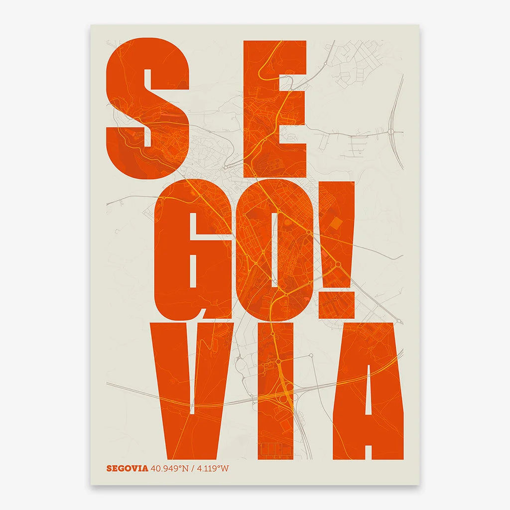 Decorative print of Segovia with letters of its name placed randomly, designed in orange and an off-white background