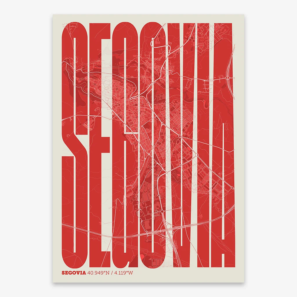 Decorative map of Segovia and letters of its name in a giclée print designed in red and an off-white background