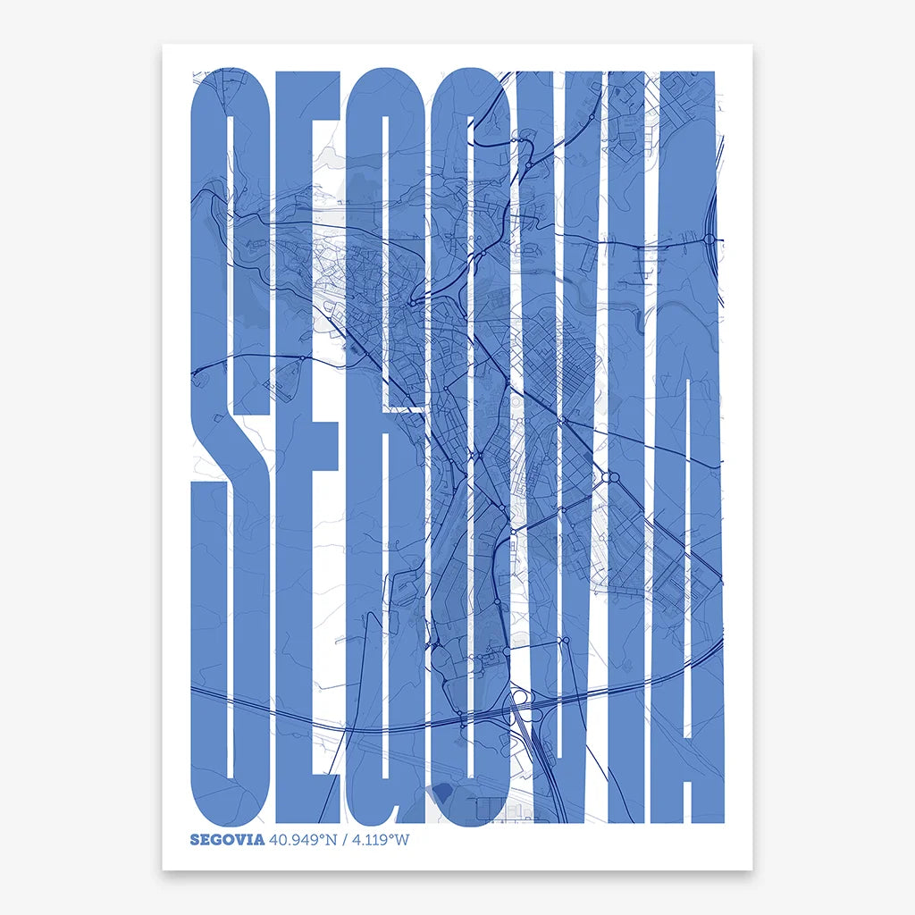 Decorative map of Segovia and letters of its name in a giclée print designed in navy blue and white