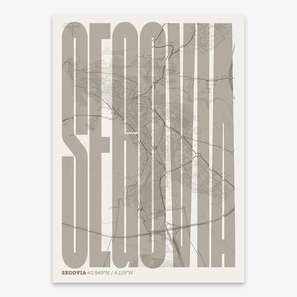 Decorative map of Segovia and letters of its name in a giclée print designed in light brown and an off-white background