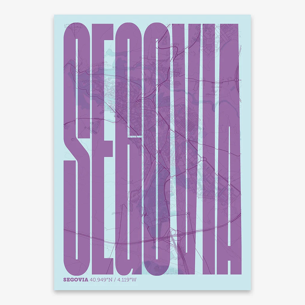 Decorative map of Segovia and letters of its name in a giclée print designed in purple and light blue