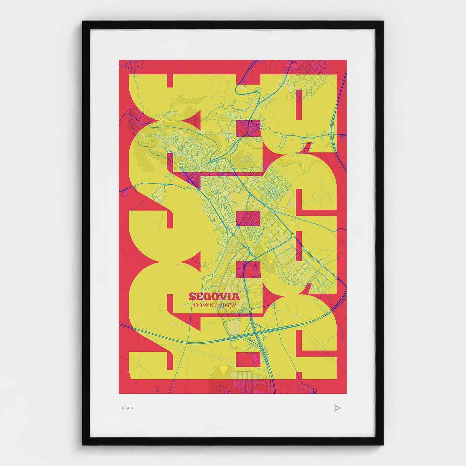 Lámina tipográfica de Segovia – diseño Inseparable, marco negro