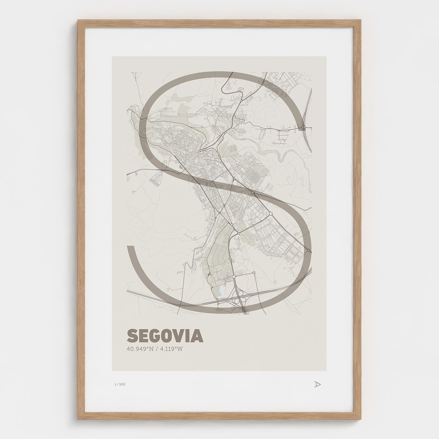 Lámina tipográfica de Segovia – diseño Ultrafina, marco de madera natural
