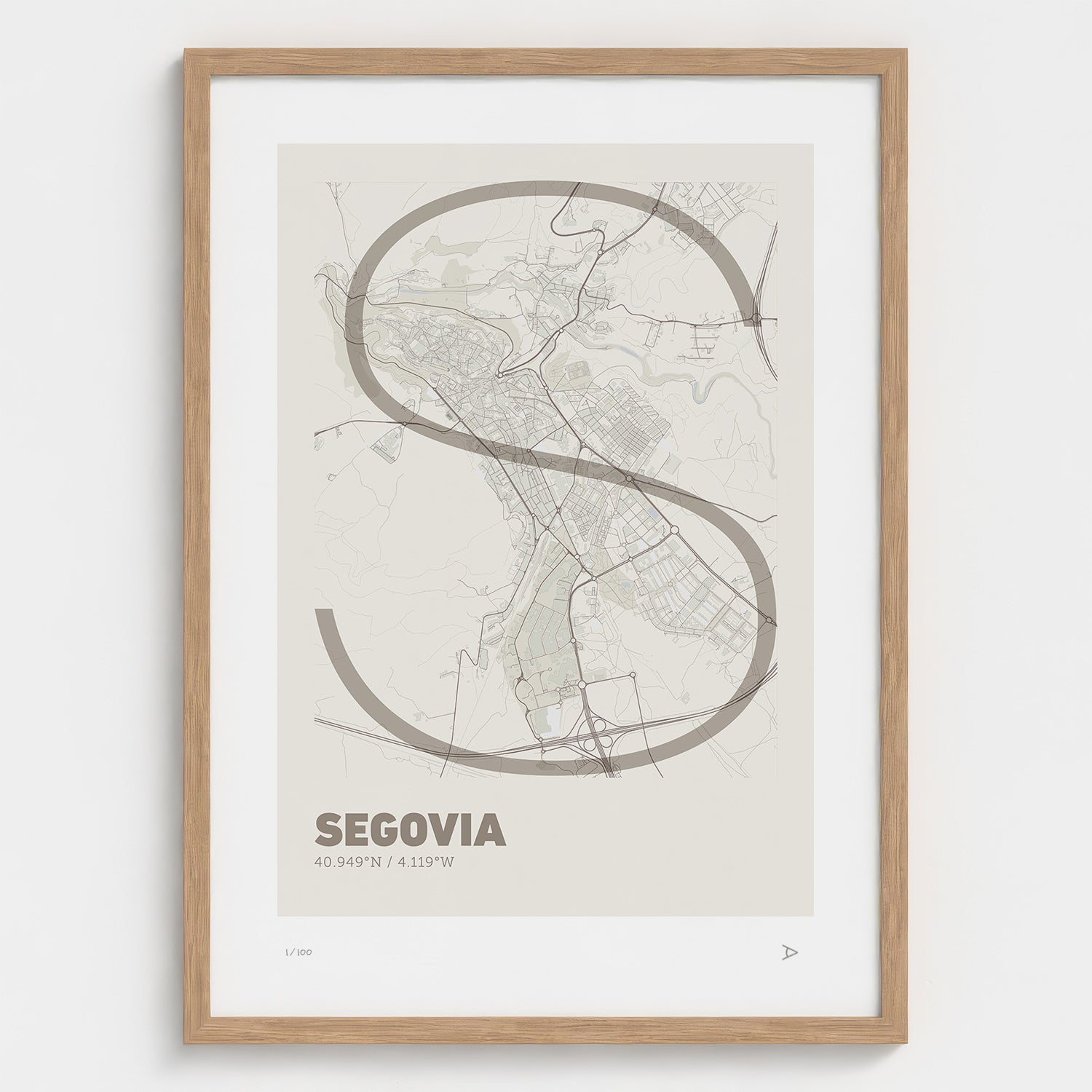 Lámina tipográfica de Segovia – diseño Ultrafina, marco de madera natural