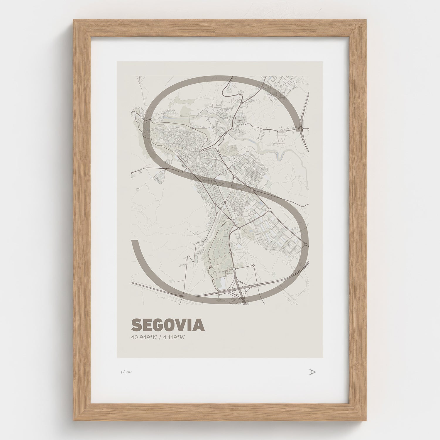 Lámina tipográfica de Segovia – diseño Ultrafina, marco de madera natural