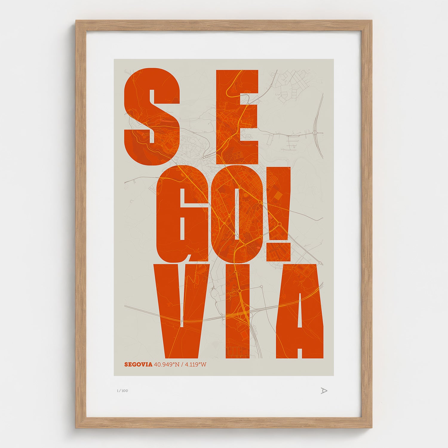 Lámina tipográfica de Segovia – diseño Revoltosa, marco de madera natural