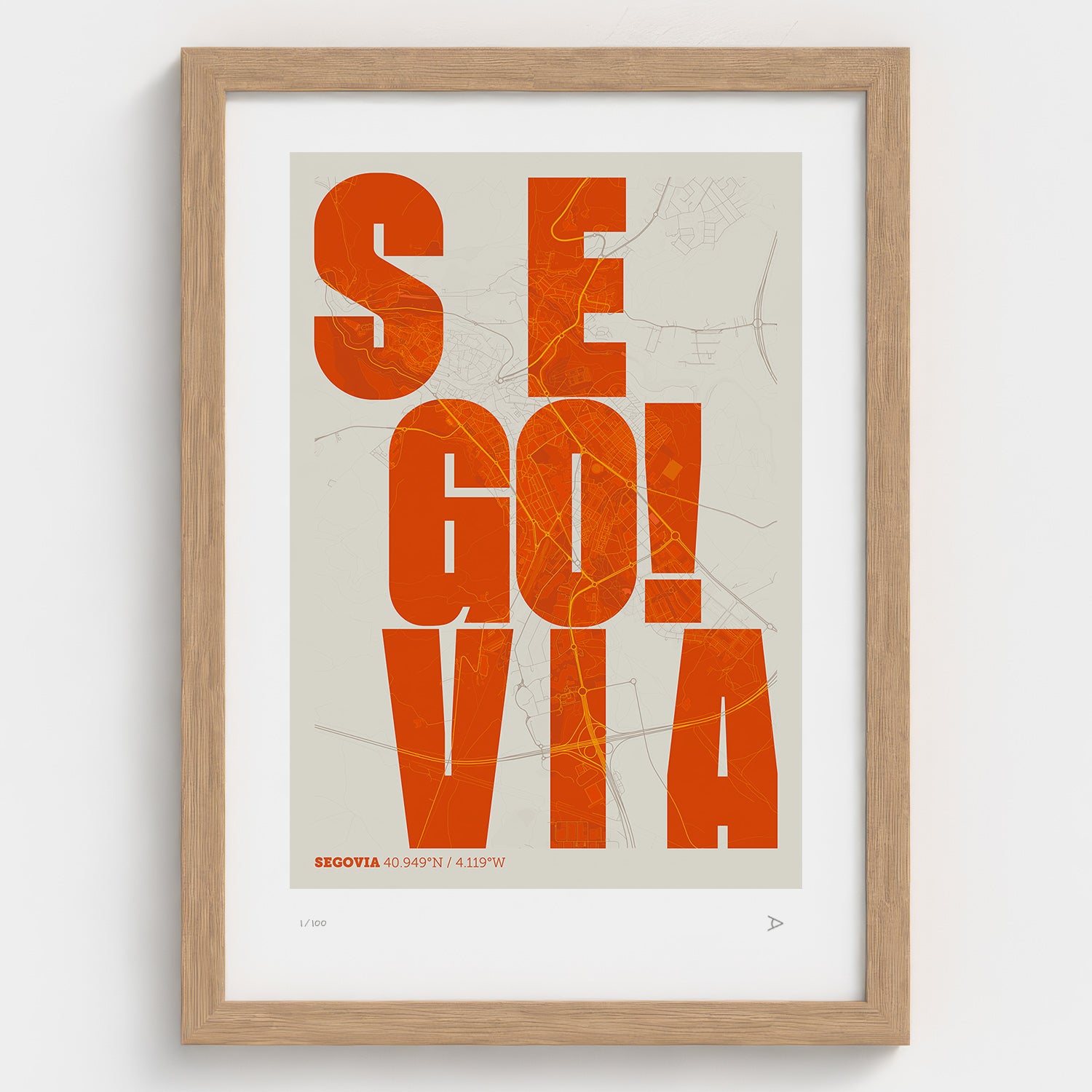 Lámina tipográfica de Segovia – diseño Revoltosa, marco de madera natural