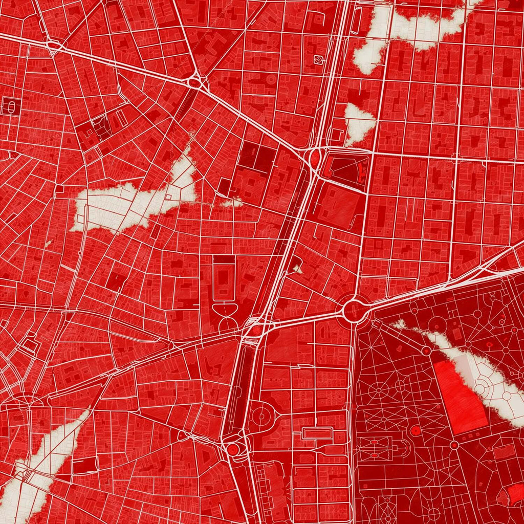The map of Madrid in Ultralight design, a minimalist aesthetic combining urban cartography with modern, extra-thin elegant lettering designed in red and an off-white background