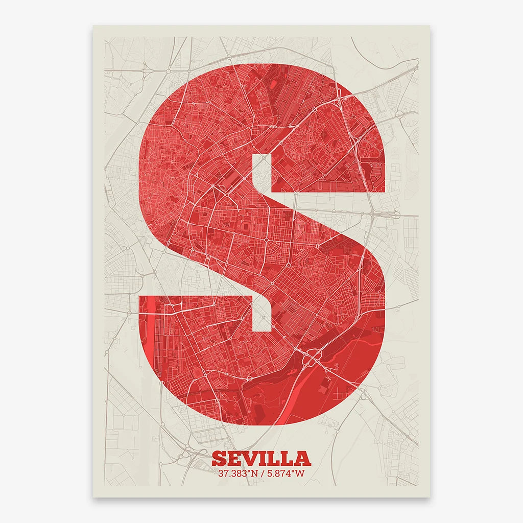 Decorative print of Sevilla composed with letters in a heavy geometric font printed on red and an off-white background