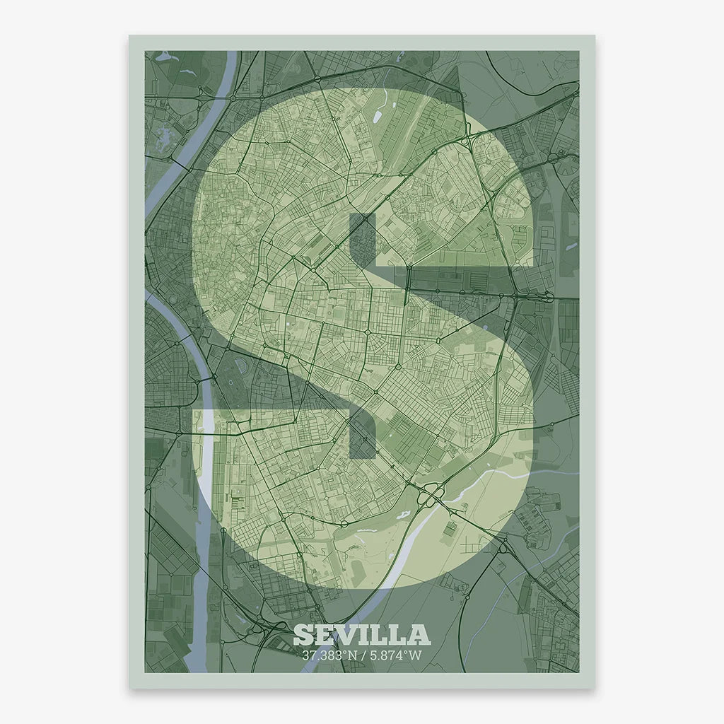 Decorative print of Sevilla composed with letters in a heavy geometric font printed on two green tones