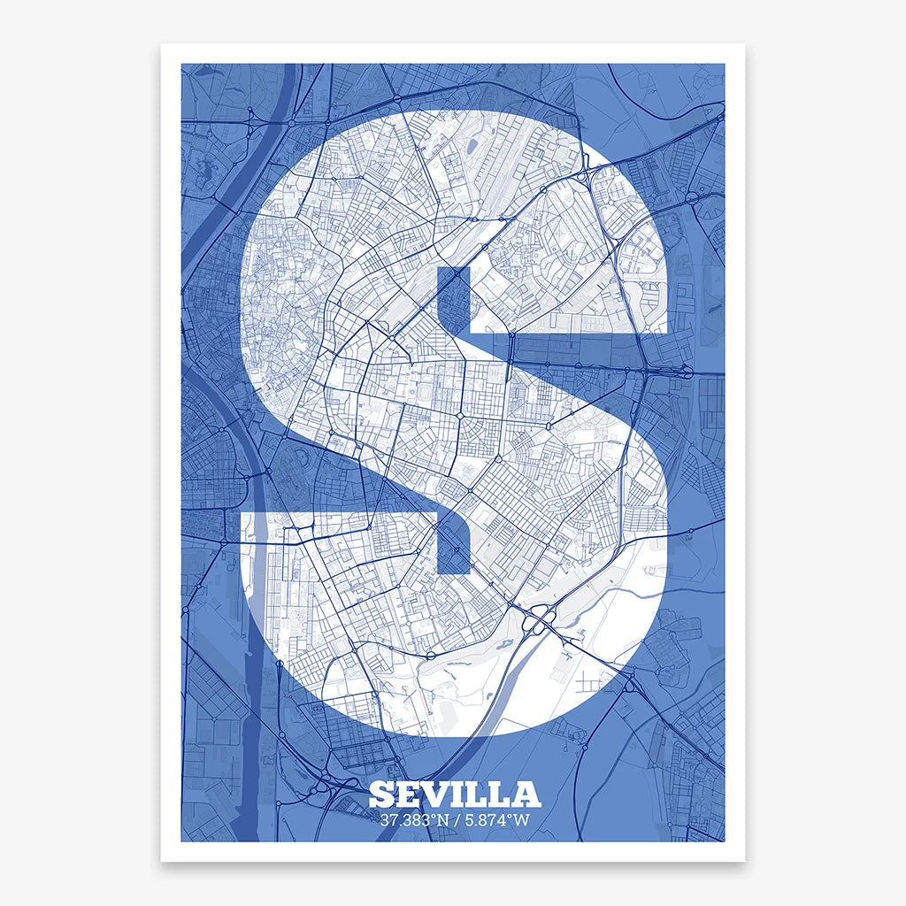 Decorative print of Sevilla composed with letters in a heavy geometric font printed on navy blue and white