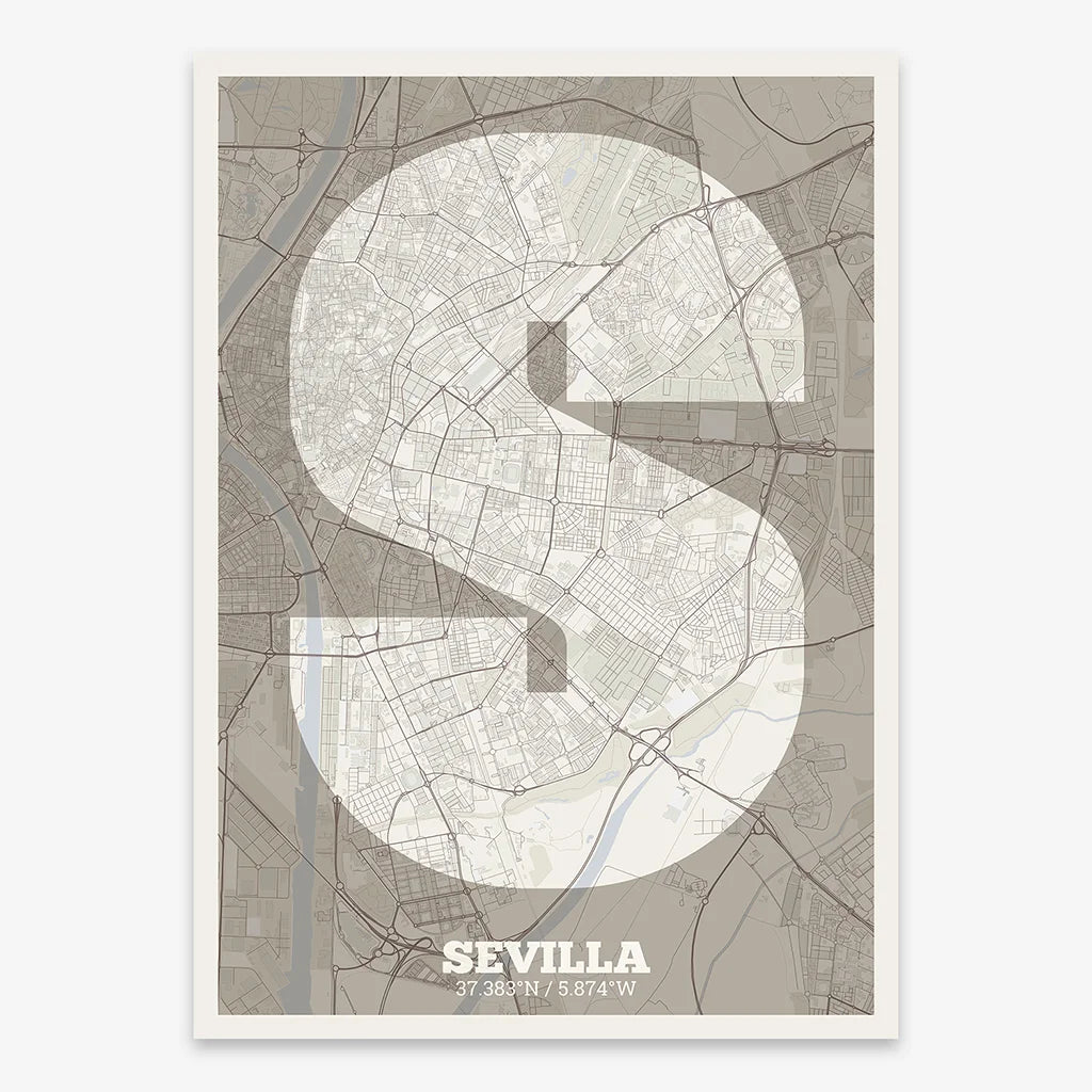 Decorative print of Sevilla composed with letters in a heavy geometric font printed on light brown and an off-white background