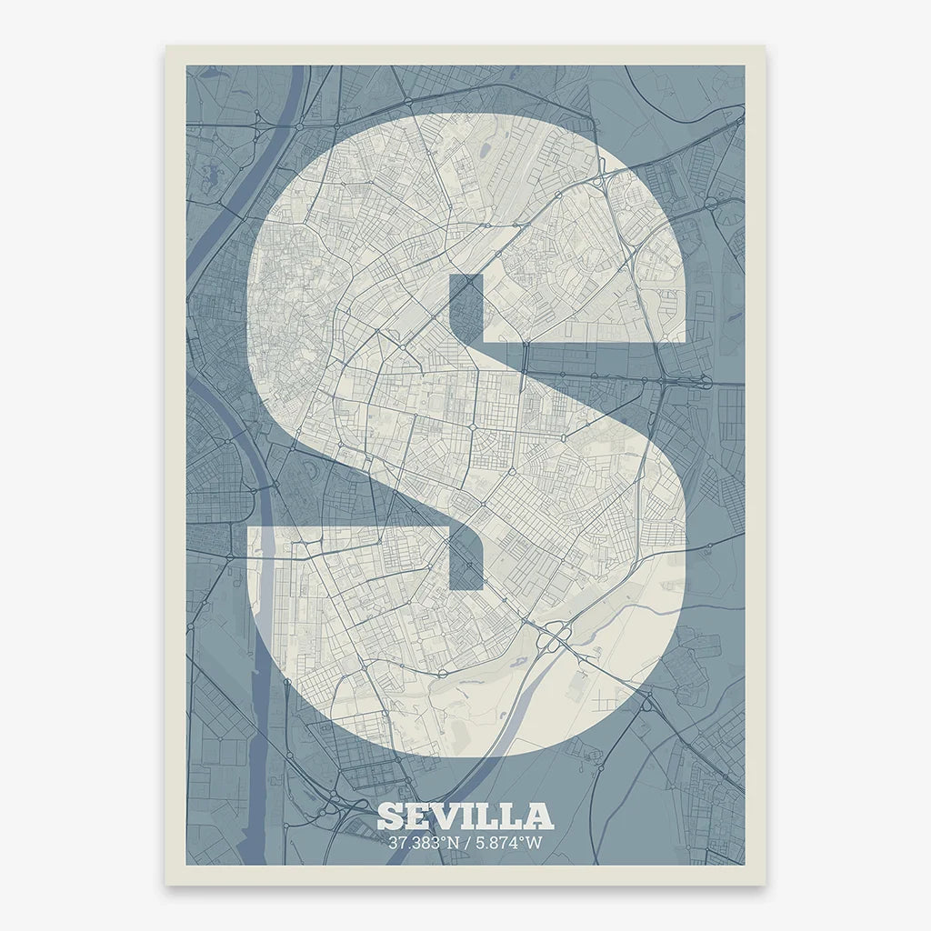 Decorative print of Sevilla composed with letters in a heavy geometric font printed on bluish gray and an off-white background