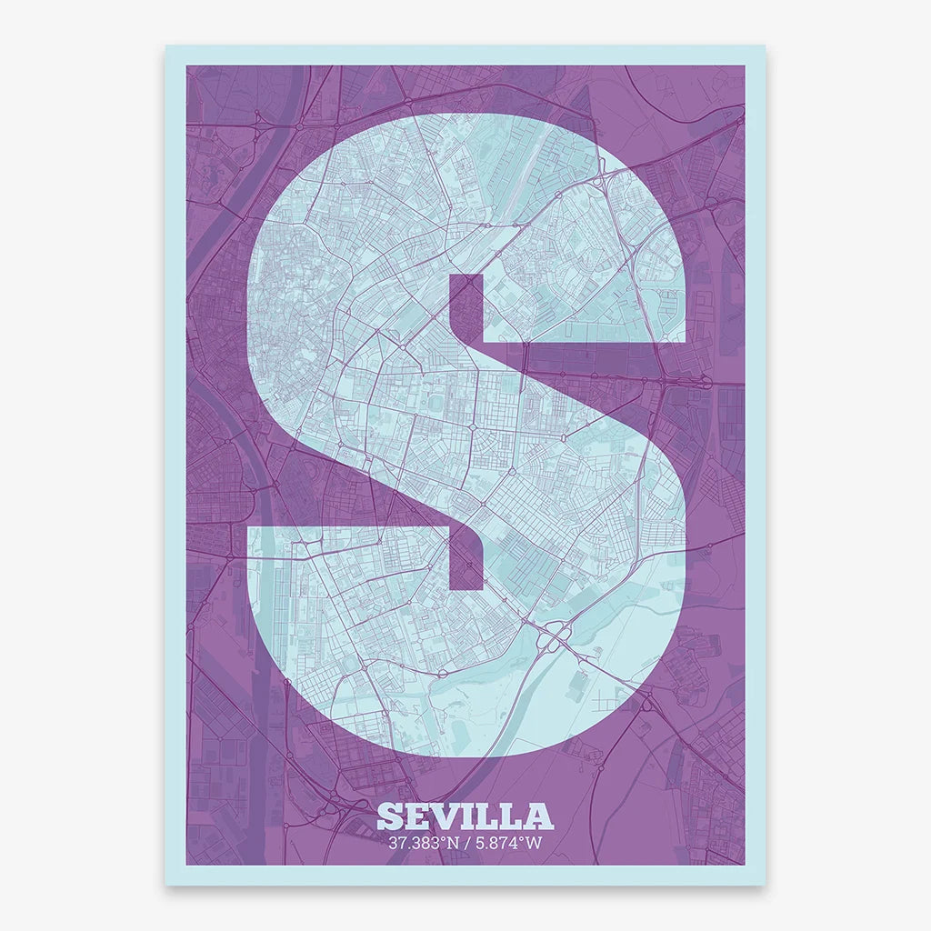 Decorative print of Sevilla composed with letters in a heavy geometric font printed on purple and light blue
