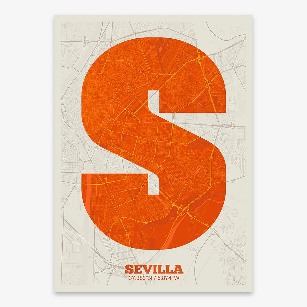Decorative print of Sevilla composed with letters in a heavy geometric font printed on orange and an off-white background